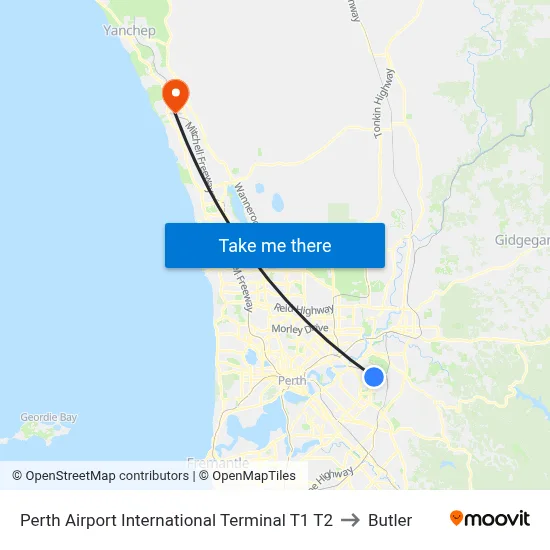 Perth Airport International Terminal T1 T2 to Butler map