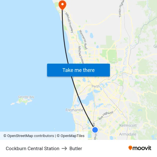 Cockburn Central Station to Butler map