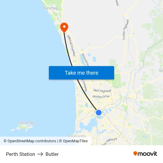 Perth Station to Butler map