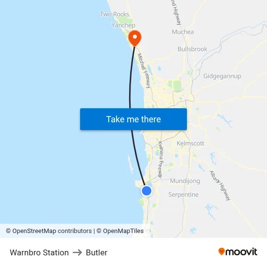 Warnbro Station to Butler map