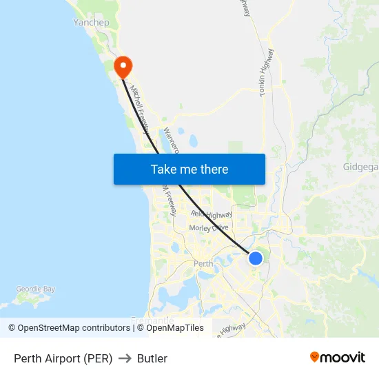 Perth Airport (PER) to Butler map