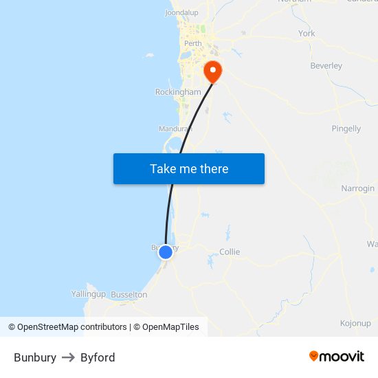 Bunbury to Byford map