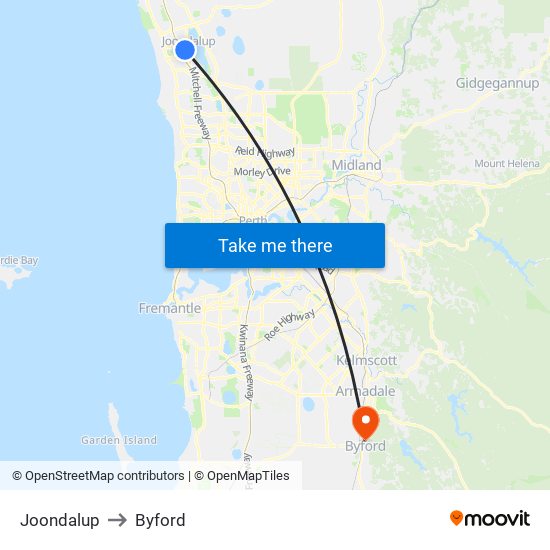 Joondalup to Byford map