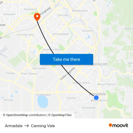 Armadale to Canning Vale map