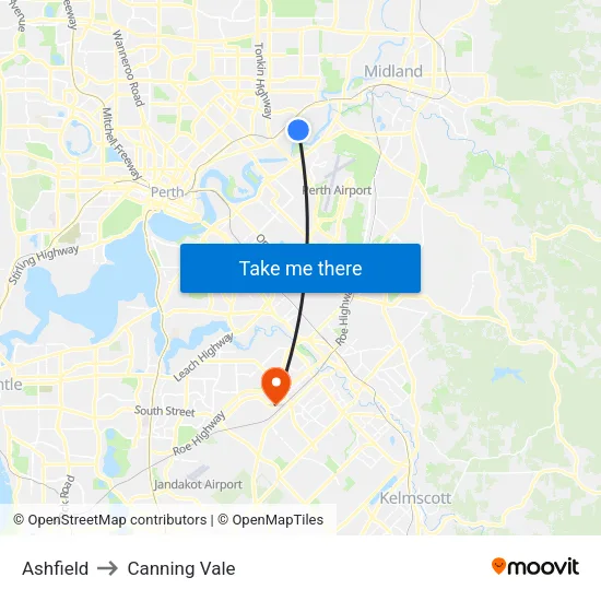 Ashfield to Canning Vale map