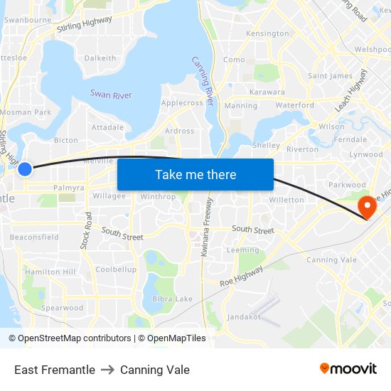 East Fremantle to Canning Vale map