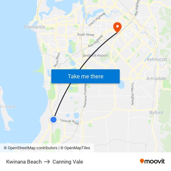 Kwinana Beach to Canning Vale map