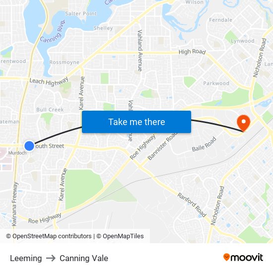 Leeming to Canning Vale map