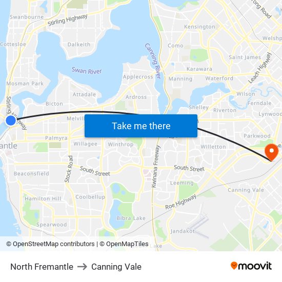 North Fremantle to Canning Vale map