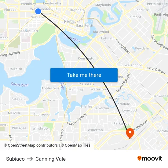 Subiaco to Canning Vale map
