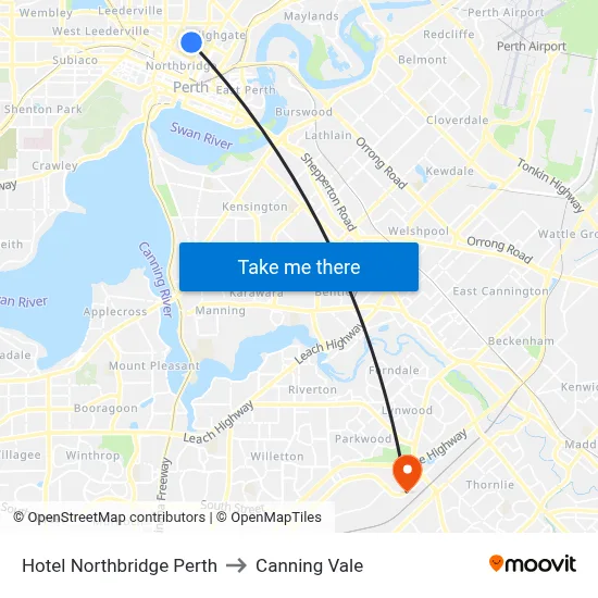 Hotel Northbridge Perth to Canning Vale map