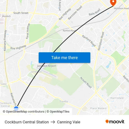 Cockburn Central Station to Canning Vale map