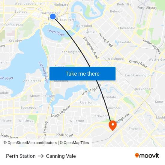 Perth Station to Canning Vale map
