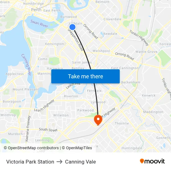 Victoria Park Station to Canning Vale map