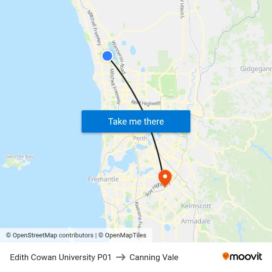 Edith Cowan University P01 to Canning Vale map