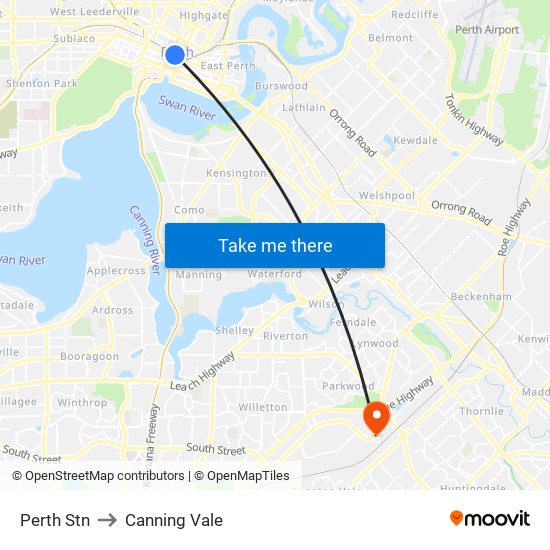 Perth Stn to Canning Vale map