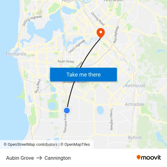 Aubin Grove to Cannington map