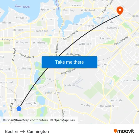 Beeliar to Cannington map