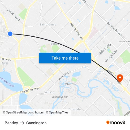 Bentley to Cannington map