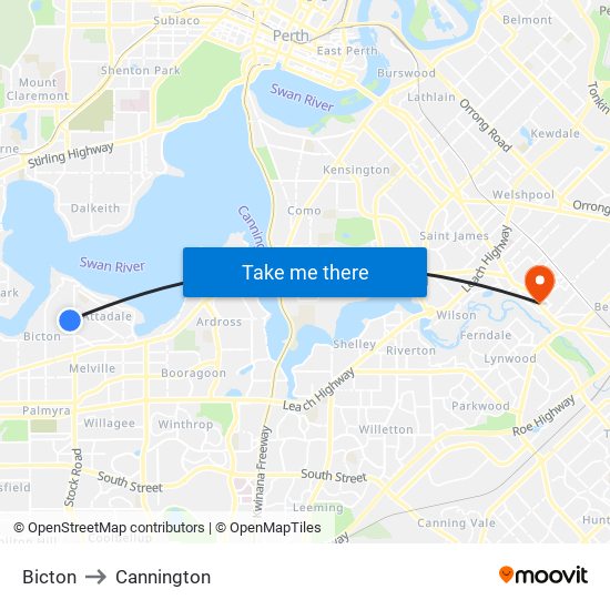 Bicton to Cannington map