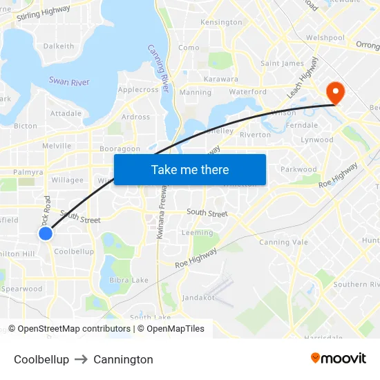 Coolbellup to Cannington map