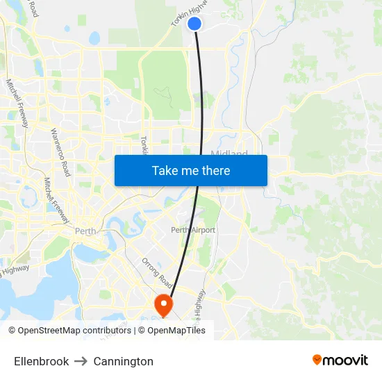 Ellenbrook to Cannington map