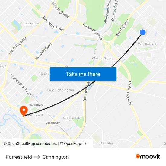 Forrestfield to Cannington map