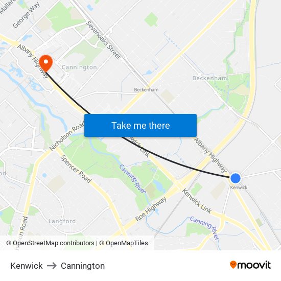 Kenwick to Cannington map