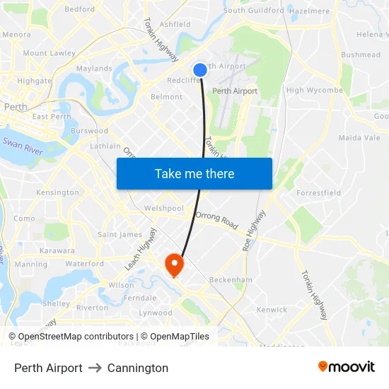 Perth Airport to Cannington map