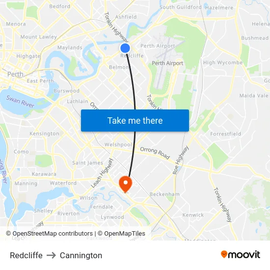 Redcliffe to Cannington map