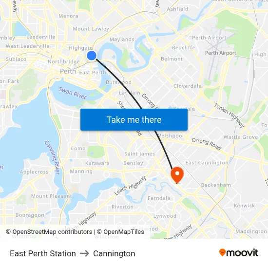 East Perth Station to Cannington map