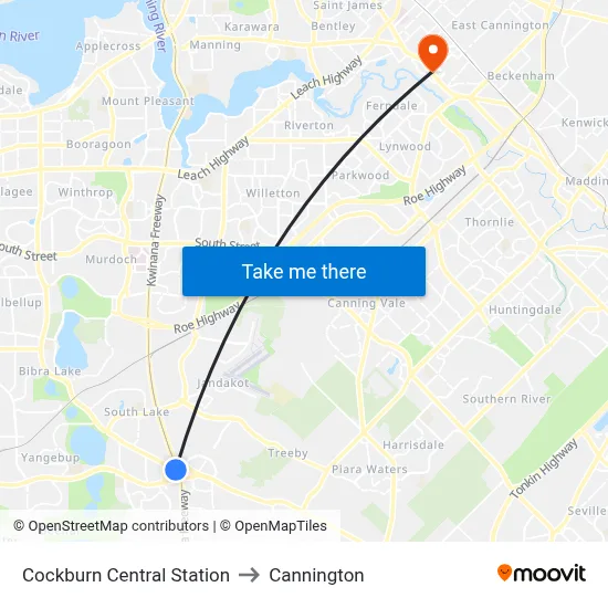 Cockburn Central Station to Cannington map