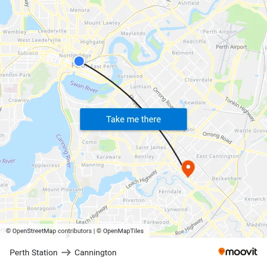 Perth Station to Cannington map