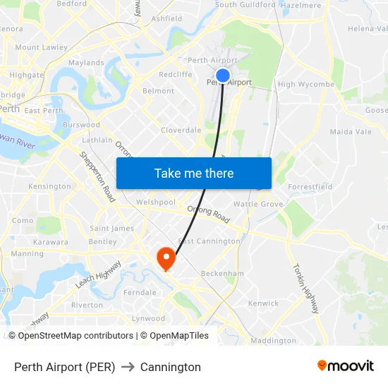 Perth Airport (PER) to Cannington map