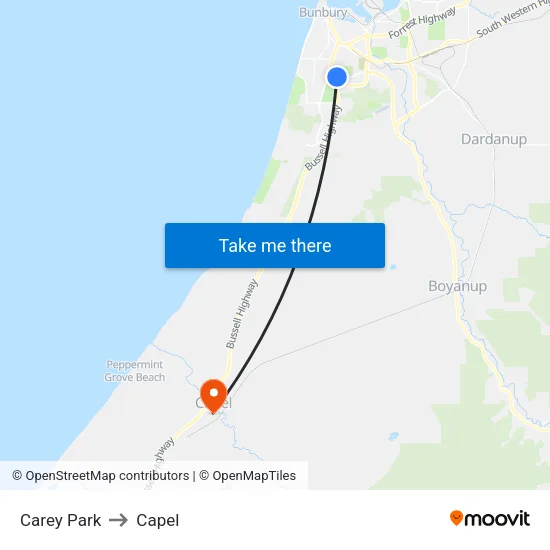 Carey Park to Capel map