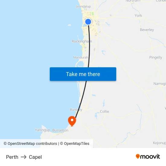 Perth to Capel map