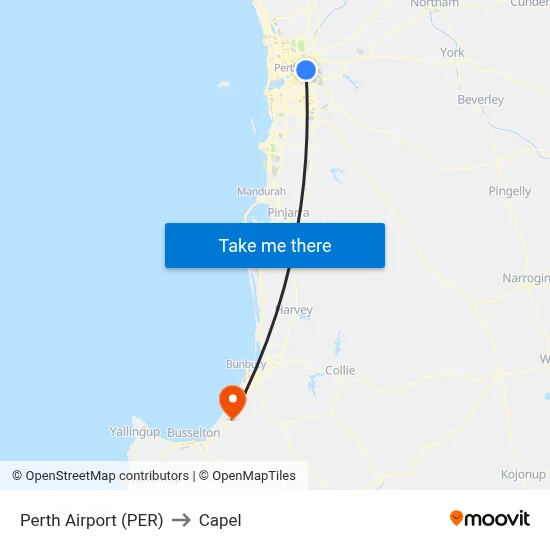 Perth Airport (PER) to Capel map