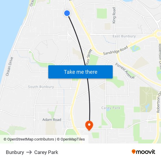 Bunbury to Carey Park map