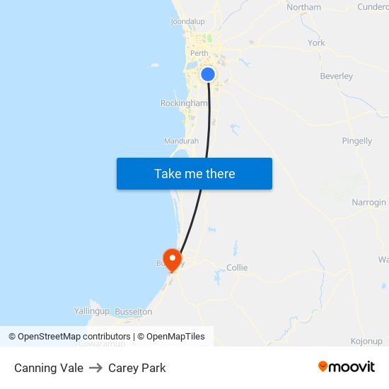 Canning Vale to Carey Park map