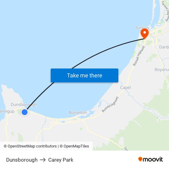 Dunsborough to Carey Park map