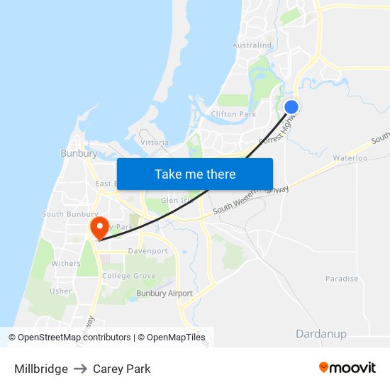 Millbridge to Carey Park map