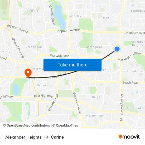 Alexander Heights to Carine map
