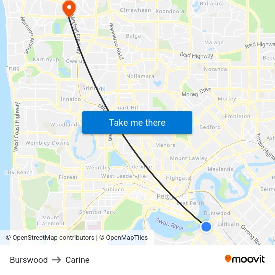 Burswood to Carine map