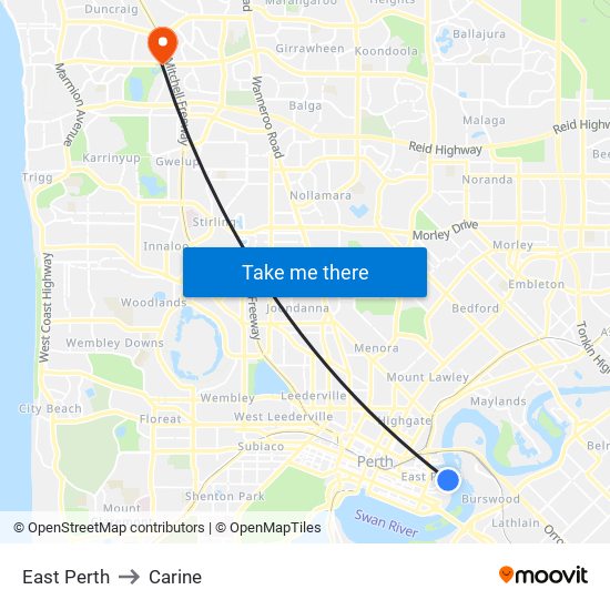 East Perth to Carine map