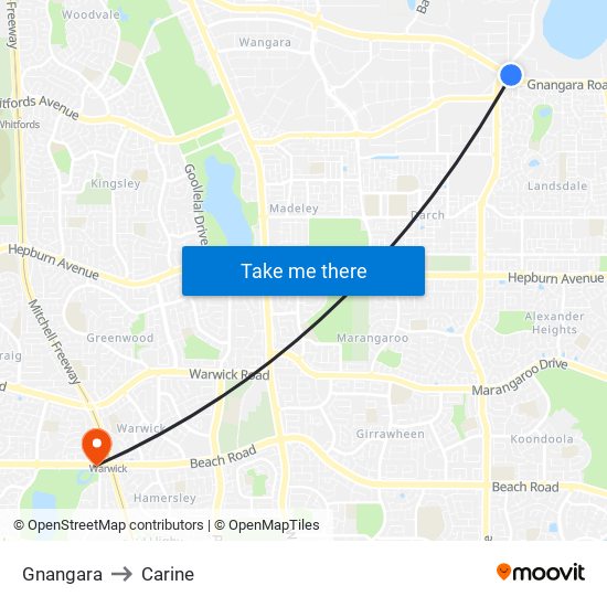 Gnangara to Carine map