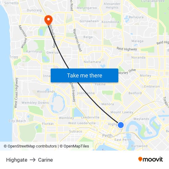 Highgate to Carine map