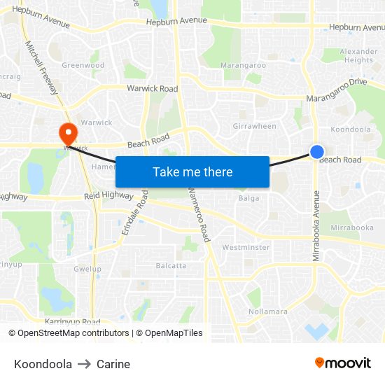 Koondoola to Carine map