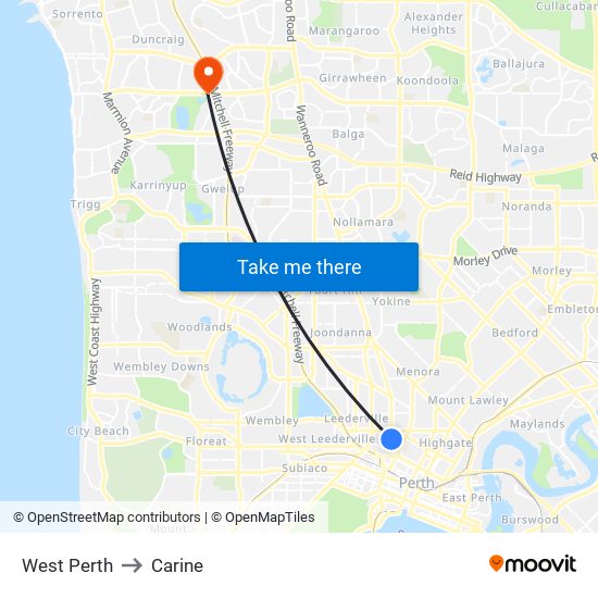 West Perth to Carine map