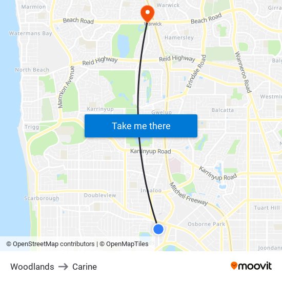 Woodlands to Carine map