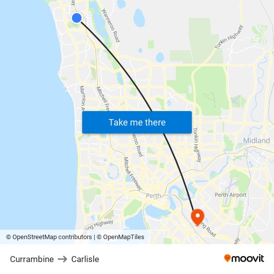 Currambine to Carlisle map